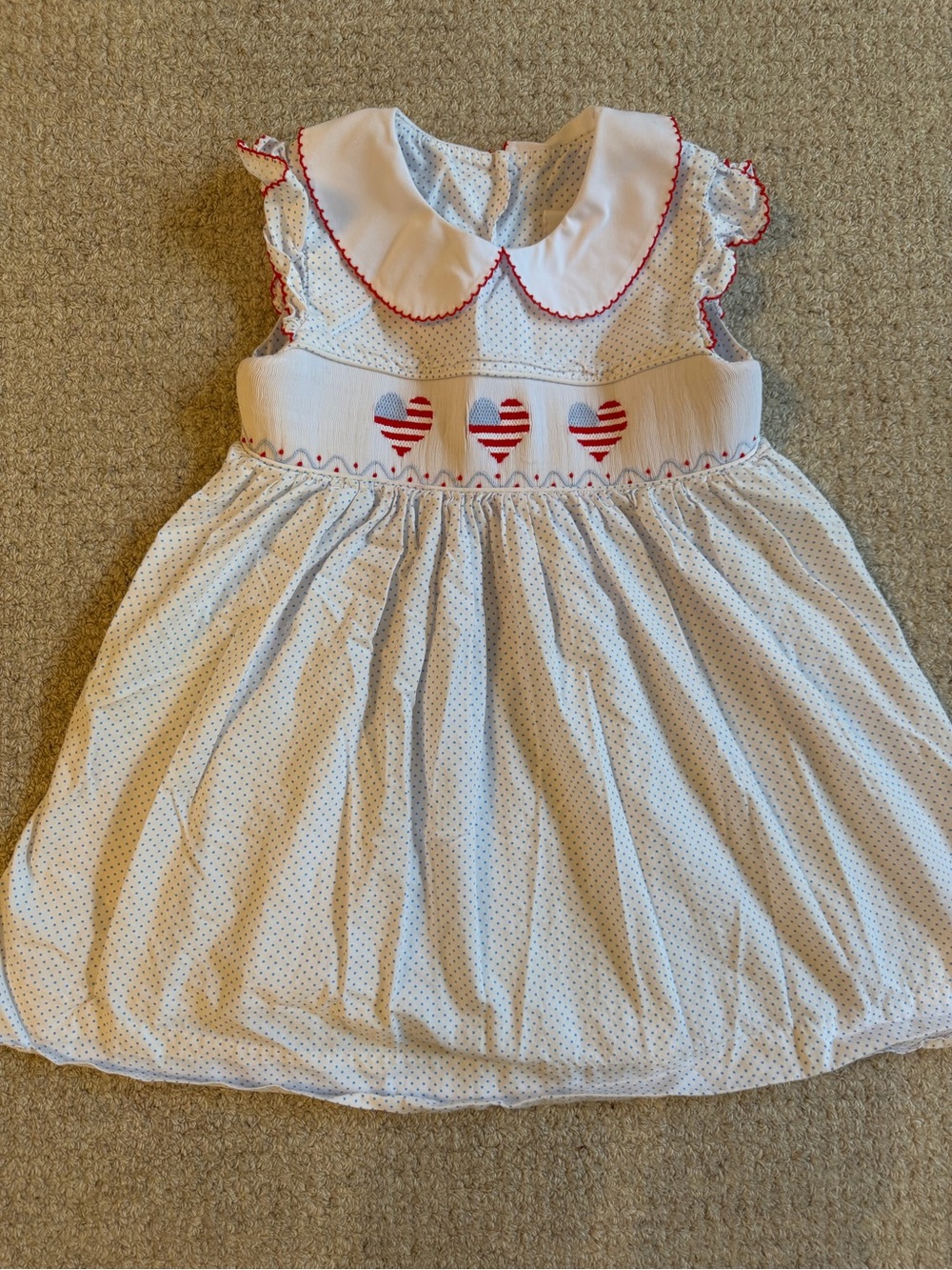 Girls White Dress with Red Heart Smocking